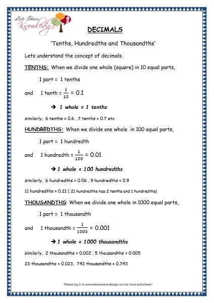  Decimals Tenths, Hundredths and Thousandths Printable Worksheets