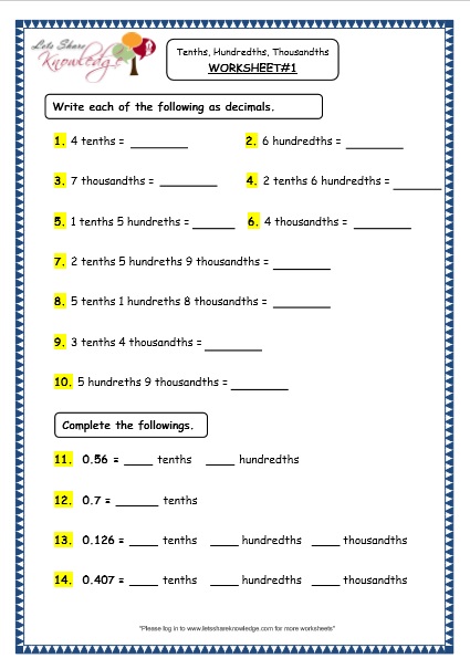  Decimals Tenths, Hundredths and Thousandths Printable Worksheets Worksheet
