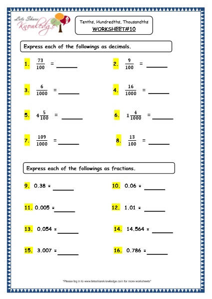  Decimals Tenths, Hundredths and Thousandths Printable Worksheets Worksheet