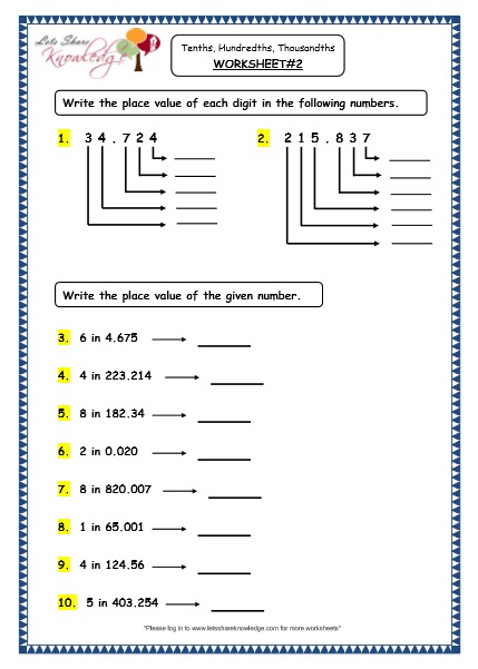 grade 4 maths resources 3 1 decimals tenths hundredths and thousandths printable worksheets lets share knowledge