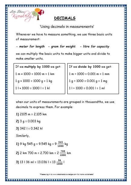  Using Decimals in Measurements Printable Worksheets