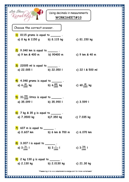  Using Decimals in Measurements Printable Worksheets Worksheet