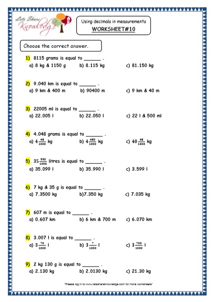 Grade 4 Maths Resources (3.9 Using Decimals in Measurements Printable ...