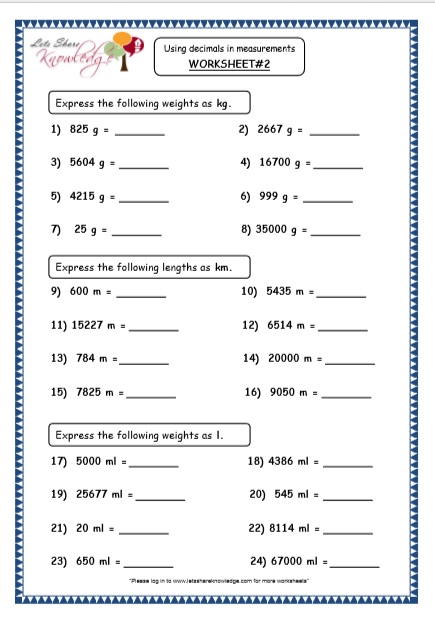  Using Decimals in Measurements Printable Worksheets 