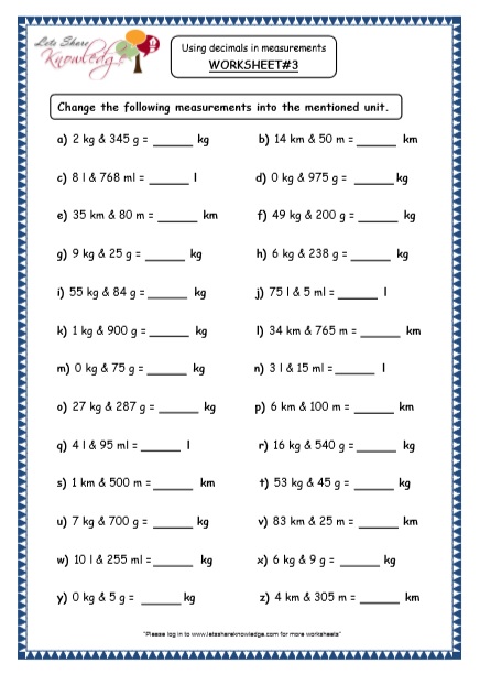  Using Decimals in Measurements Printable Worksheets Worksheets