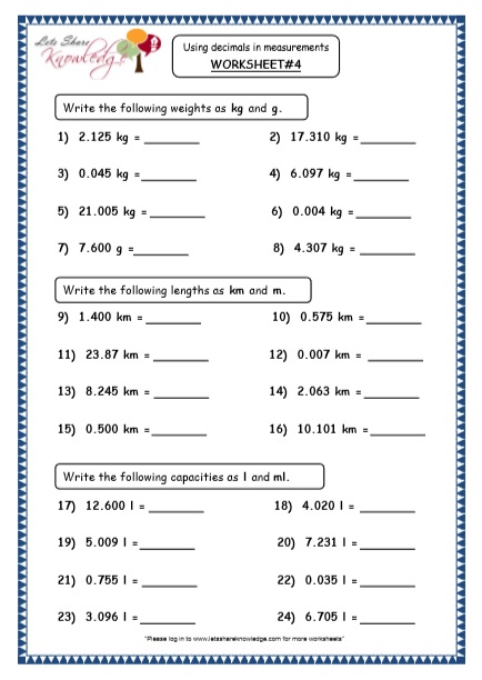  Using Decimals in Measurements Printable Worksheets Worksheet 
