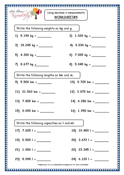 grade 4 maths resources 3 9 using decimals in measurements printable worksheets lets share knowledge