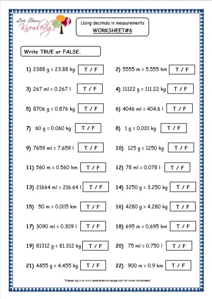 Grade 4 Maths Resources (3.9 Using Decimals in Measurements Printable ...