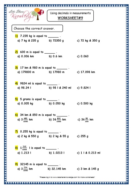  Using Decimals in Measurements Printable Worksheets Worksheet