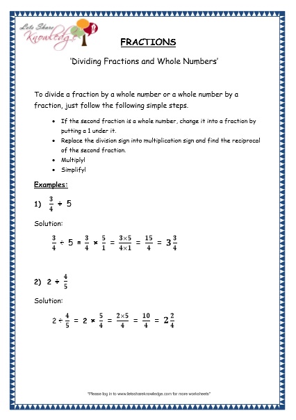  Dividing Fractions and Whole Numbers Printable Worksheets