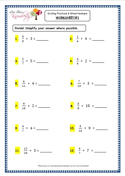  Dividing Fractions and Whole Numbers Printable Worksheets Worksheet