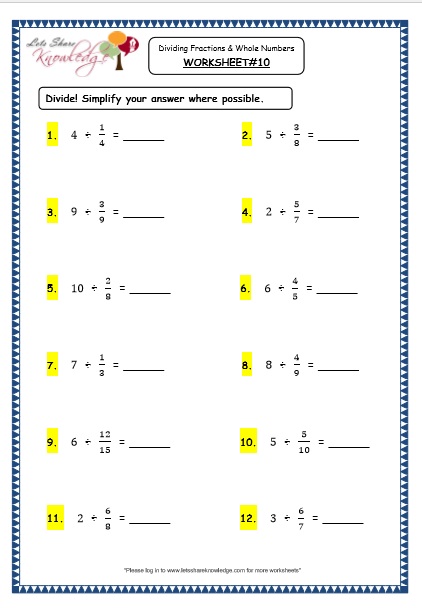 dividing fractions and whole numbers grade 4 maths resources printable worksheets