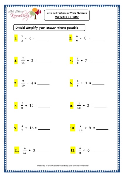  Dividing Fractions and Whole Numbers Printable Worksheets 