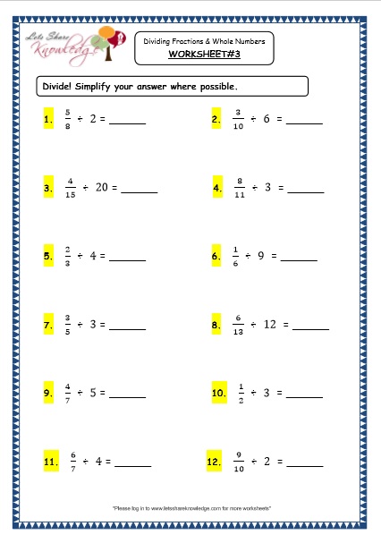  Dividing Fractions and Whole Numbers Printable Worksheets Worksheets