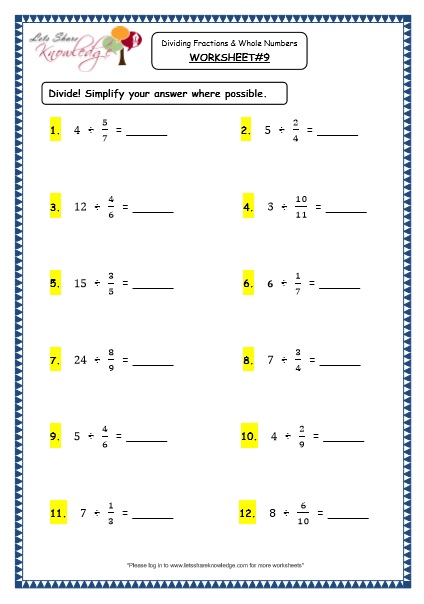  Dividing Fractions and Whole Numbers Printable Worksheets Worksheet