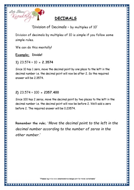  Division of Decimals by Multiples of 10 Printable Worksheets