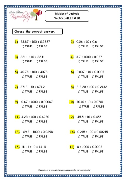 division of decimals by multiples of 10 grade 4 maths resources printable worksheets