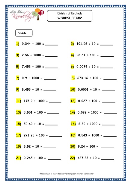  Division of Decimals by Multiples of 10 Printable Worksheets 