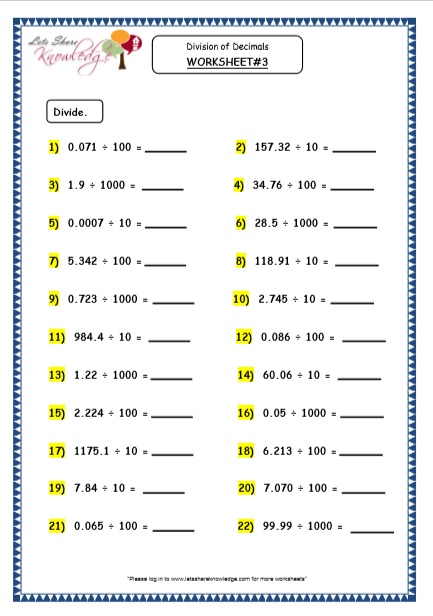  Division of Decimals by Multiples of 10 Printable Worksheets Worksheets