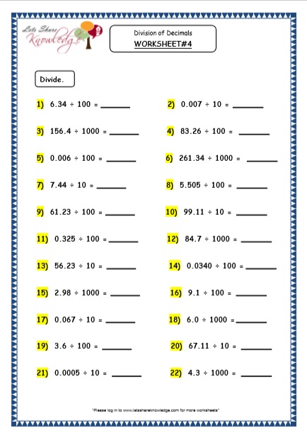  Division of Decimals by Multiples of 10 Printable Worksheets Worksheet 