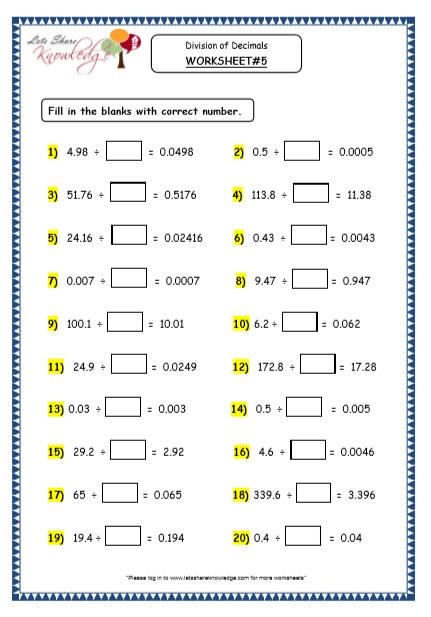  Division of Decimals by Multiples of 10 Printable Worksheets Worksheet