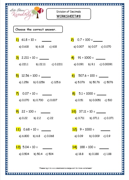  Division of Decimals by Multiples of 10 Printable Worksheets Worksheet