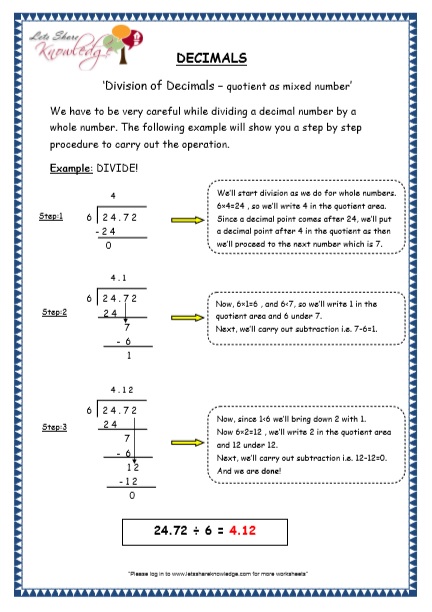  Division of Decimals - Quotient as Mixed Number Printable Worksheets