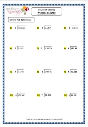 division of decimals - quotient as mixed number grade 4 maths resources printable worksheets