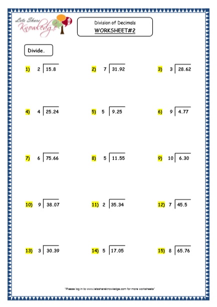  Division of Decimals - Quotient as Mixed Number Printable Worksheets 