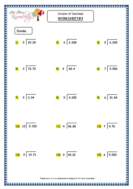  Division of Decimals - Quotient as Mixed Number Printable Worksheets Worksheets