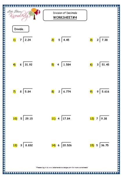  Division of Decimals - Quotient as Mixed Number Printable Worksheets Worksheet 