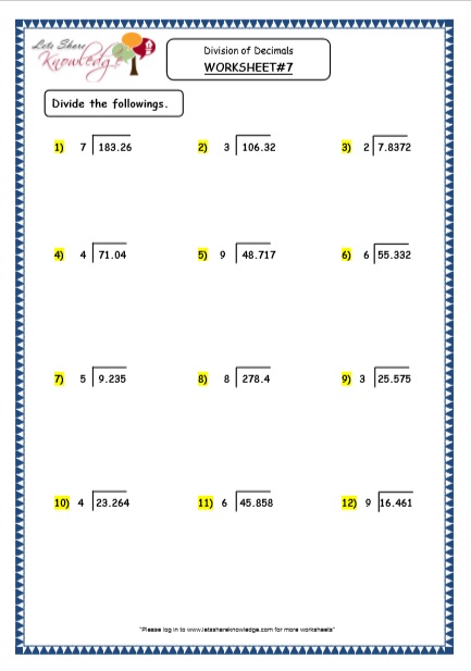  Division of Decimals - Quotient as Mixed Number Printable Worksheets Worksheet