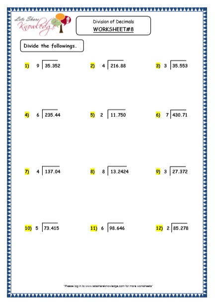  Division of Decimals - Quotient as Mixed Number Printable Worksheets Worksheet