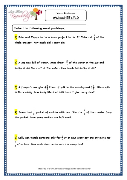fractions word problems grade 4 maths resources printable worksheets