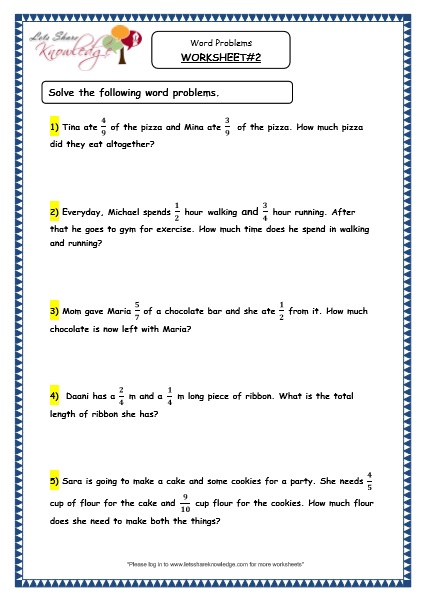  Fraction Word Problems Printable Worksheets 