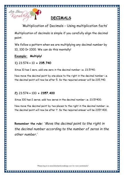  Multiplication of Decimals by 10, 100 and 1000 Printable Worksheets