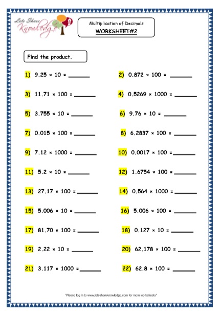  Multiplication of Decimals by 10, 100 and 1000 Printable Worksheets 