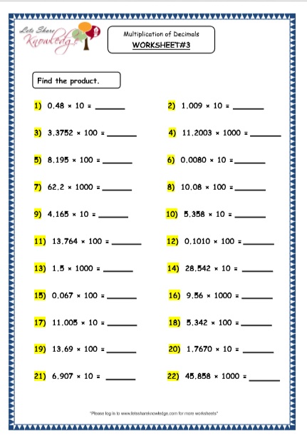  Multiplication of Decimals by 10, 100 and 1000 Printable Worksheets Worksheets
