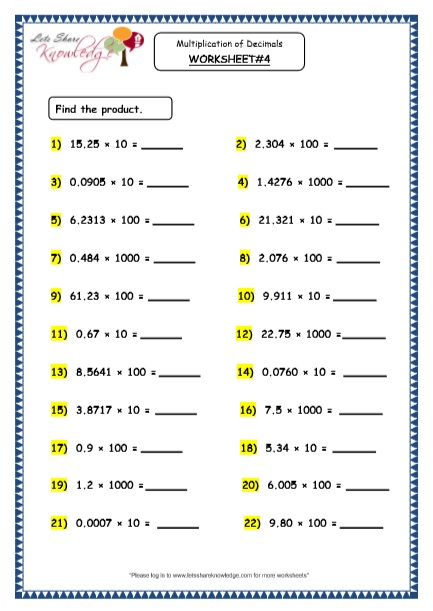  Multiplication of Decimals by 10, 100 and 1000 Printable Worksheets Worksheet 