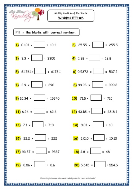  Multiplication of Decimals by 10, 100 and 1000 Printable Worksheets Worksheet