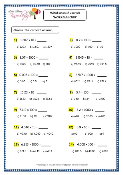 grade 4 maths resources 3 7 1 multiplication of decimals by 10 100 and 1000 printable worksheets lets share knowledge