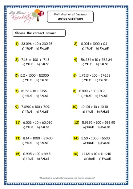  Multiplication of Decimals by 10, 100 and 1000 Printable Worksheets Worksheet