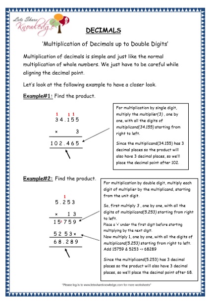  Multiplication of Decimals up to Double Digits Printable Worksheets