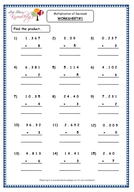  Multiplication of Decimals up to Double Digits Printable Worksheets Worksheet