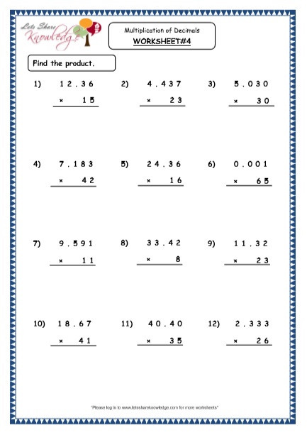  Multiplication of Decimals up to Double Digits Printable Worksheets Worksheet 