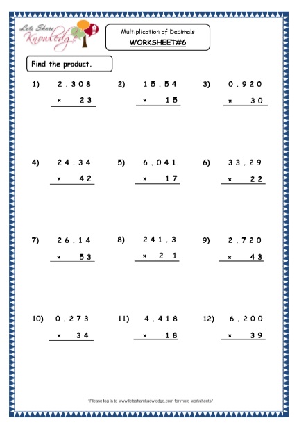  Multiplication of Decimals up to Double Digits Printable Worksheets Worksheet