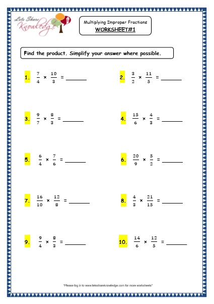  Multiplying Improper Fractions Printable Worksheets Worksheet
