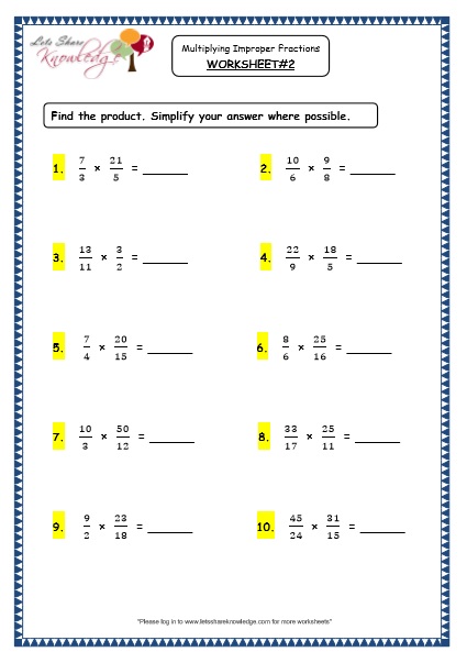 grade 4 maths resources 2 6 2 multiplying improper fractions printable worksheets lets share knowledge