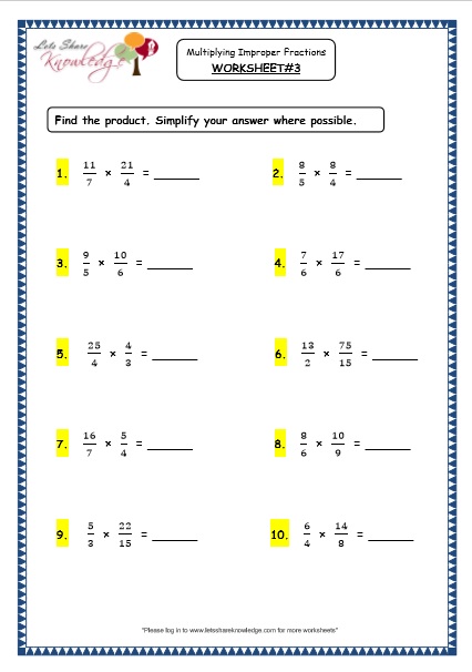 grade 4 maths resources 2 6 2 multiplying improper fractions printable worksheets lets share knowledge