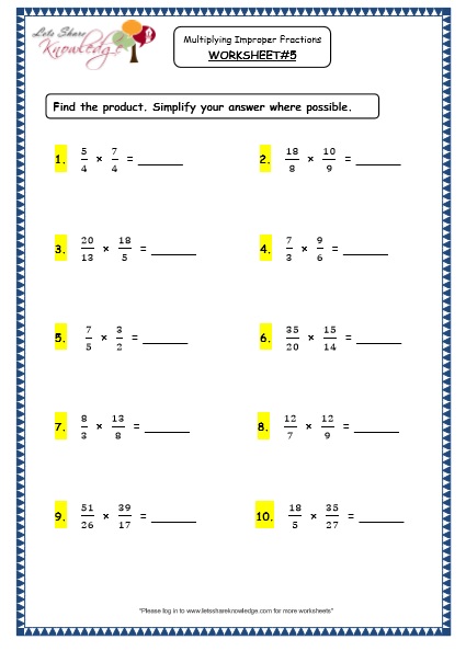 multiplying improper fractions grade 4 maths resources printable worksheets